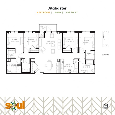 A floor plan for a 4 bedroom, 2 bath, 1602 square foot home.